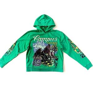 Campus Goods Mens L SunFade Green Route 66 Wolf Motorcycle Skull Graphic‎ Hoodie